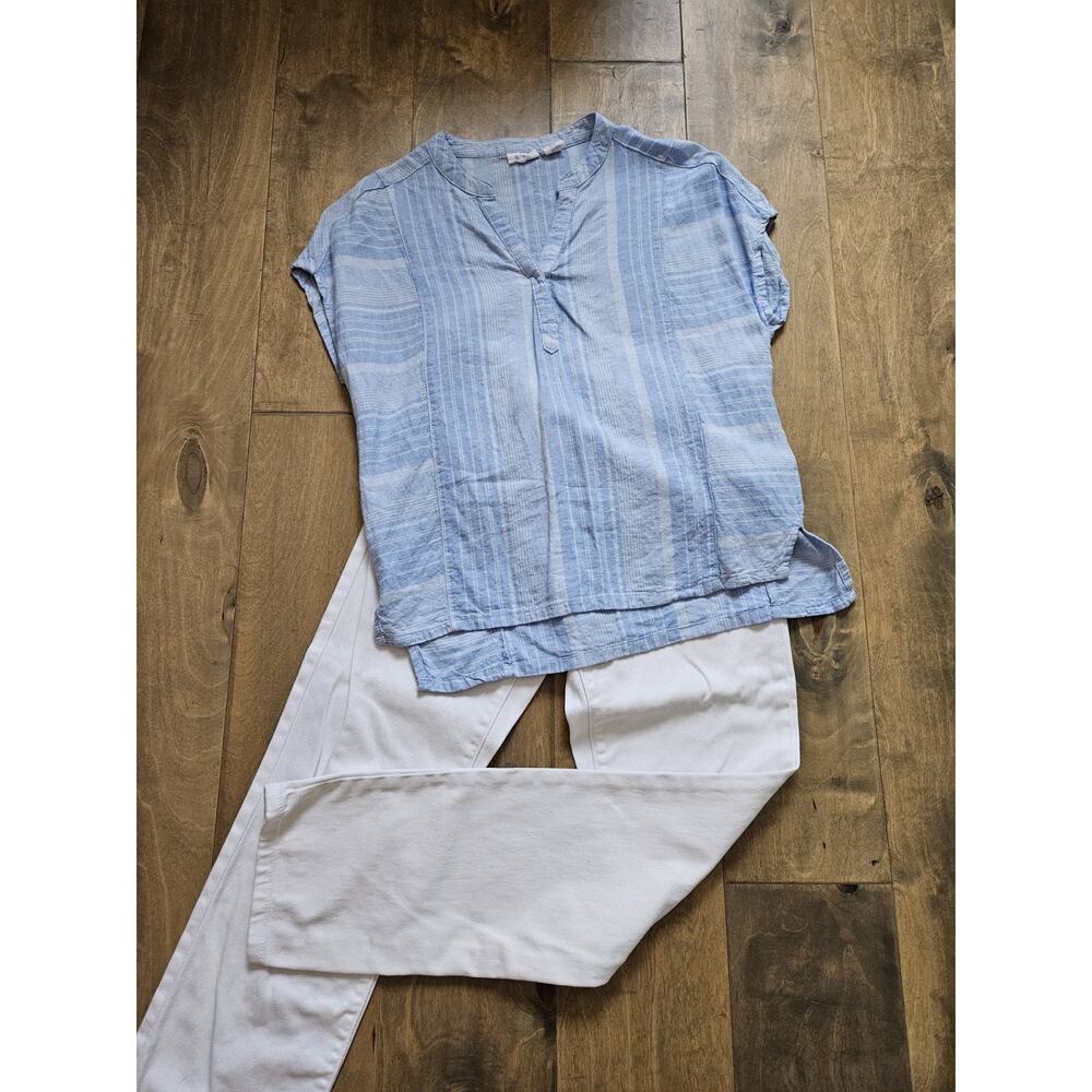 Sigrid Olsen Linen Short Sleeve Top Blue White Stripe XS Ralph Lauren Jeans Sz 4